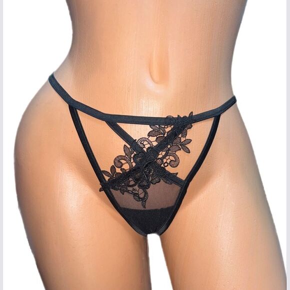 Victorias Secret Very Sexy Floral Appliqué Sheer Mesh V String Panty black Small - Picture 1 of 3